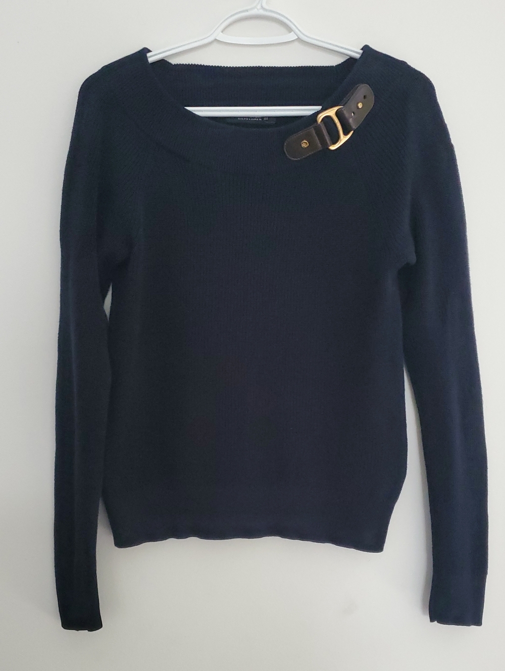Ralph Lauren Navy Crewneck Sweater with Gold Buckle Accent